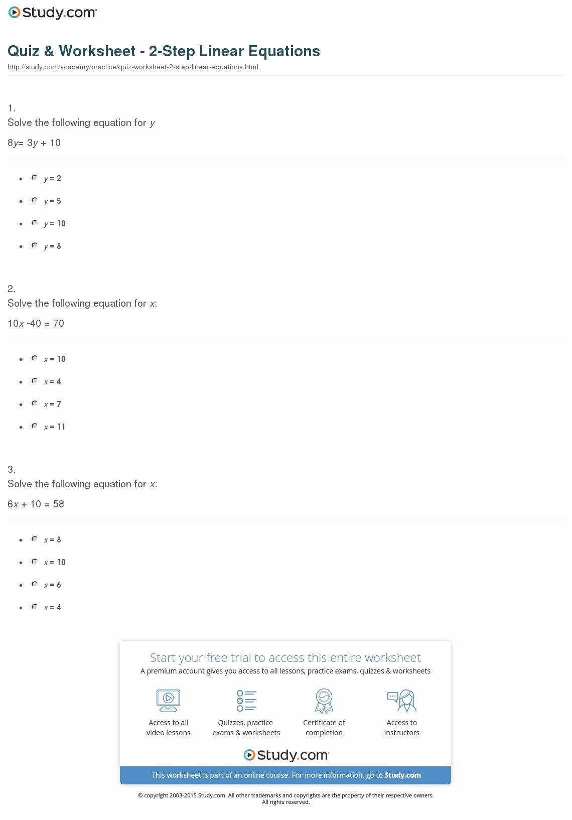 2 Step Equations Worksheet Lovely Quiz &amp; Worksheet 2 Step Linear Equations