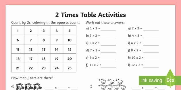 2 Times Table Worksheet Inspirational 2 Times Table Worksheet Activity Sheet Multiplication