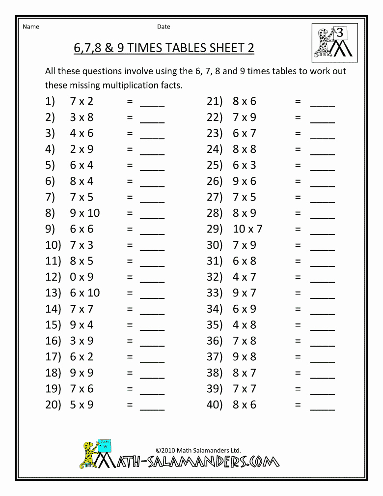 2 Times Table Worksheet Unique Free Math Sheets Multiplication 6 7 8 9 Times Tables 2
