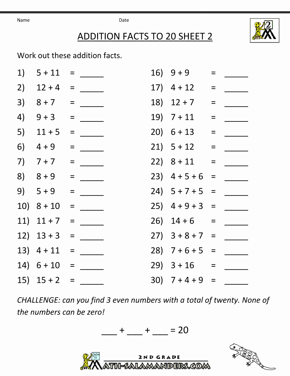 2nd Grade Geometry Worksheet Luxury Math Addition Facts to 20 20