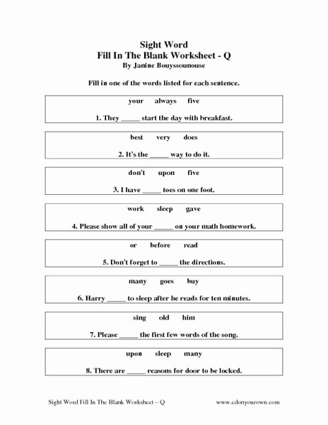 2nd Grade Sight Words Worksheet Luxury Sight Word Fill In the Blank Worksheet Q Worksheet for 2nd