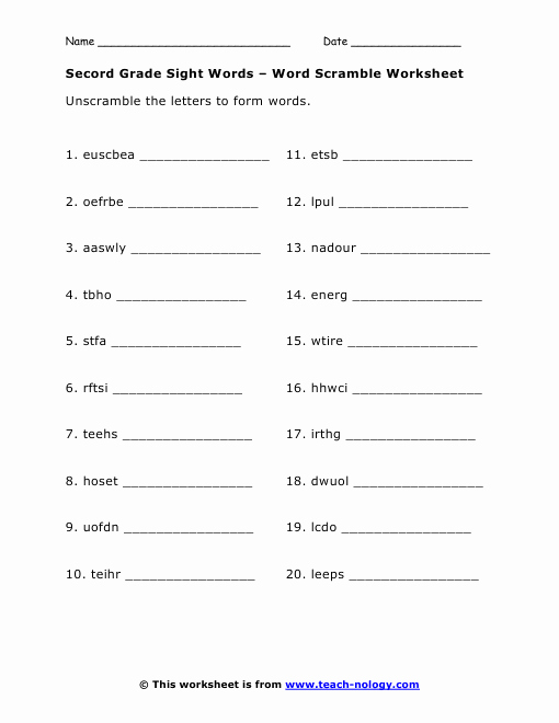 2nd Grade Vocabulary Worksheet Beautiful Second Grade Sight Words Word Scramble Worksheet