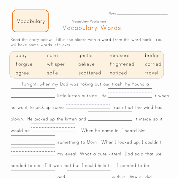 2nd Grade Vocabulary Worksheet Fresh Fill In the Blanks Vocabulary Worksheet 1