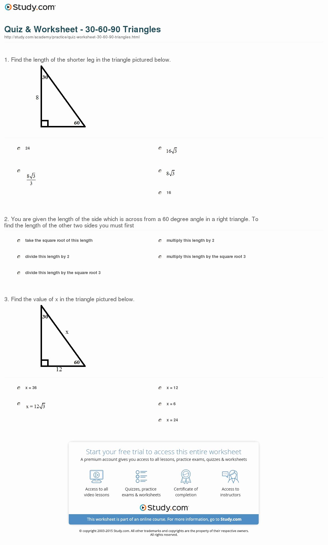 30 60 90 Triangles Worksheet Awesome Quiz &amp; Worksheet 30 60 90 Triangles