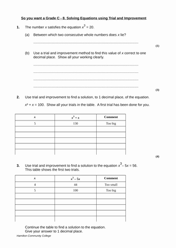 4.4 Biomes Worksheet Answers Unique Gcse Maths Trial and Improvement Worksheets by