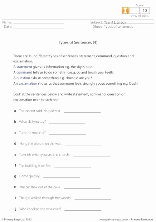 4 Types Of Sentences Worksheet Elegant Primaryleap Types Of Sentences 4 Worksheet