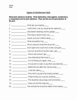 4 Types Of Sentences Worksheet Fresh Types Of Sentences Quiz by Fourth Grade Writing