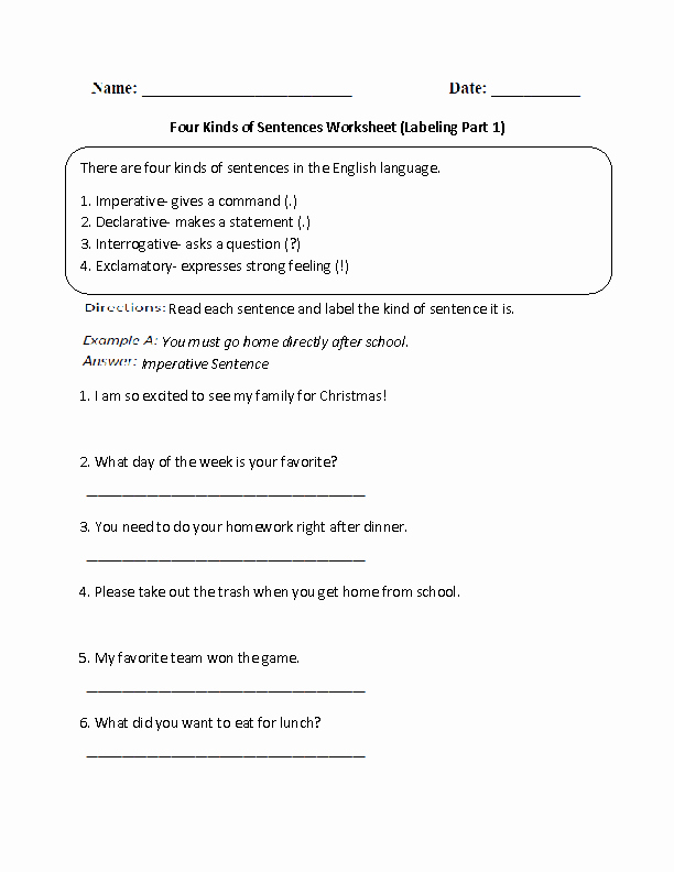 4 Types Of Sentences Worksheet Inspirational Sentences Worksheets