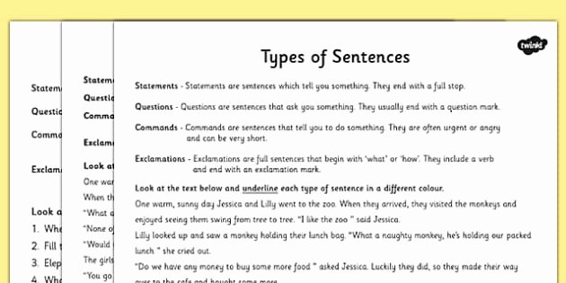 4 Types Of Sentences Worksheet Inspirational Types Of Sentences Differentiated Activity Worksheet Esl