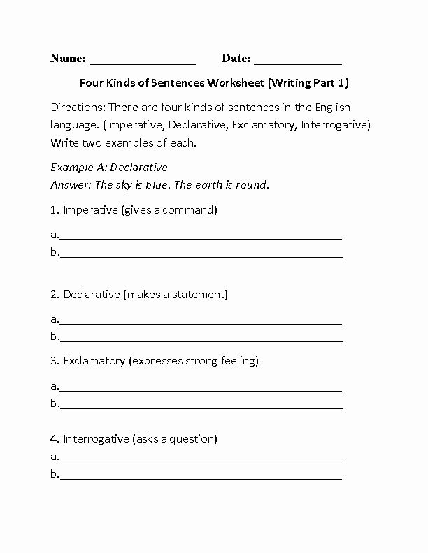 50 4 Types Of Sentences Worksheet