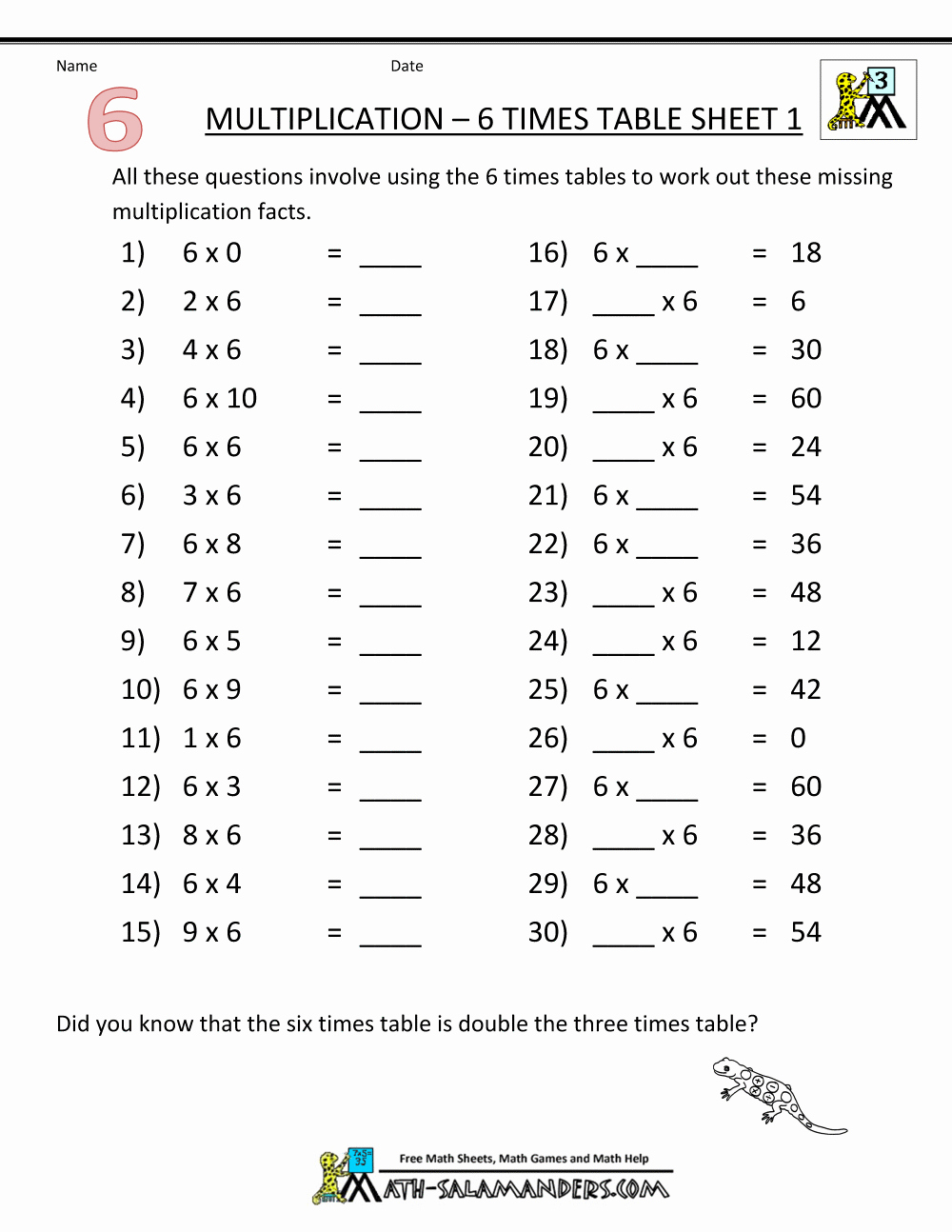 6 Times Table Worksheet Best Of Math Worksheets Printable Multiplication 6 Times Table 1