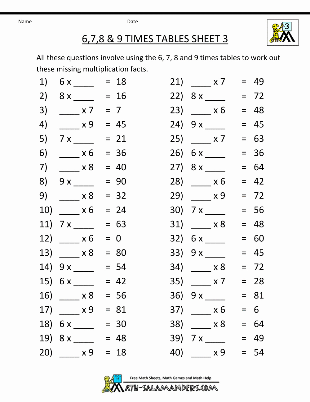 6 Times Table Worksheet Luxury Free Multiplication Worksheets 6 7 8 9 Times Tables 3