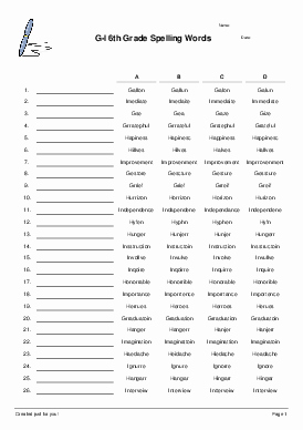 6th Grade Spelling Worksheet Unique G I 6th Grade Spelling Words Spelling Test