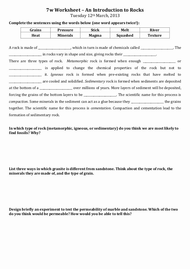 7.3 Cell Transport Worksheet Answers Luxury 7w Introduction to Rocks Worksheet