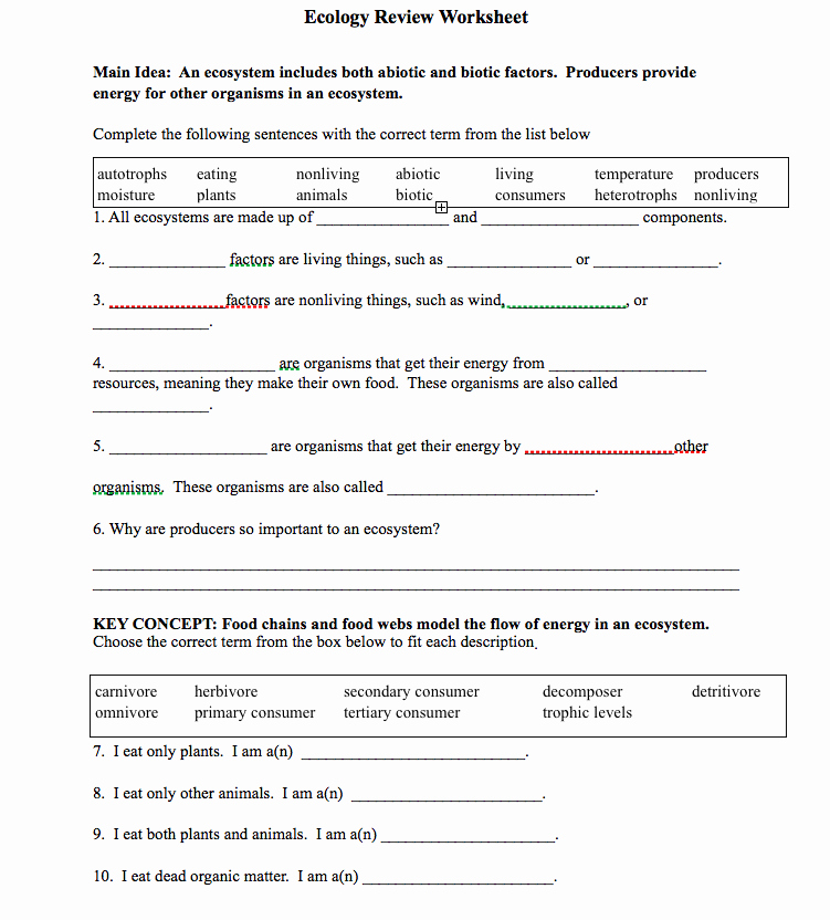 Abiotic and Biotic Factors Worksheet Awesome solved Ecology Review Worksheet Main Idea An Ecosystem I