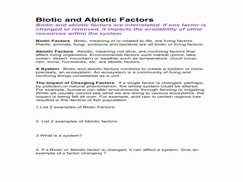 Abiotic Vs.biotic Factors Worksheet Answers Unique Biotic and Abiotic Factors Worksheet Free Printable