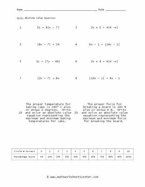Absolute Value Function Worksheet New Absolute Value Equations Worksheet for 8th 9th Grade