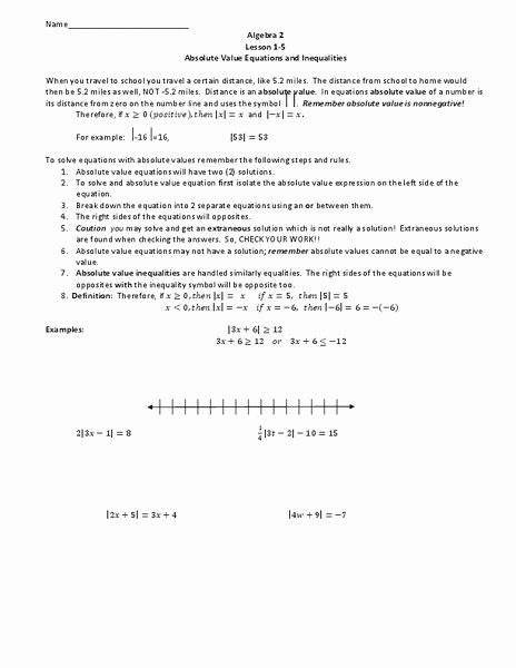 Absolute Value Inequalities Worksheet Lovely Absolute Value Equations and Inequalities Worksheet for