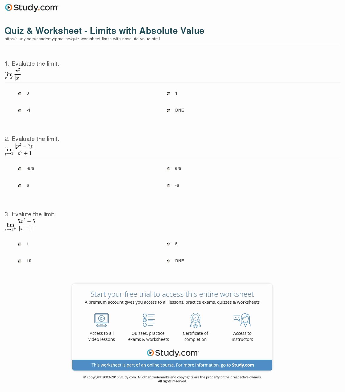 Absolute Value Worksheet Pdf Inspirational Quiz &amp; Worksheet Limits with Absolute Value