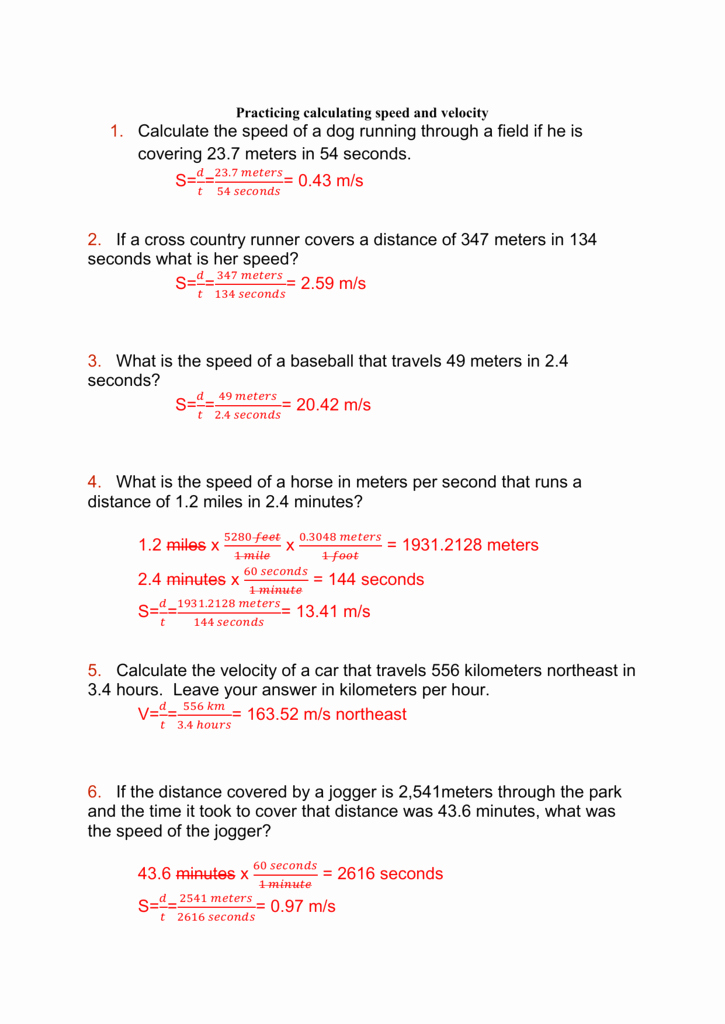 Wave Speed Equation Practice Problems Key Answers Speed Velocity And Acceleration Worksheet 