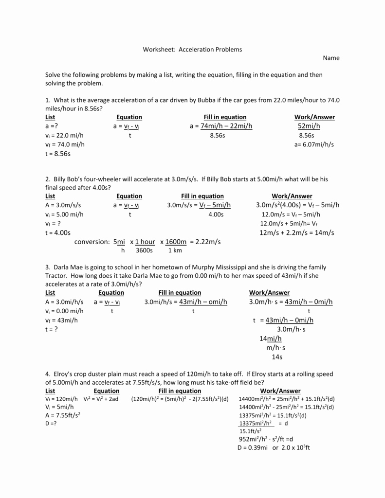 Acceleration Worksheet with Answers Inspirational Acceleration Problems Worksheets with Answers