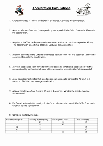 Acceleration Worksheet with Answers Luxury Acceleration Calculation Questions by Pinkhelen Teaching