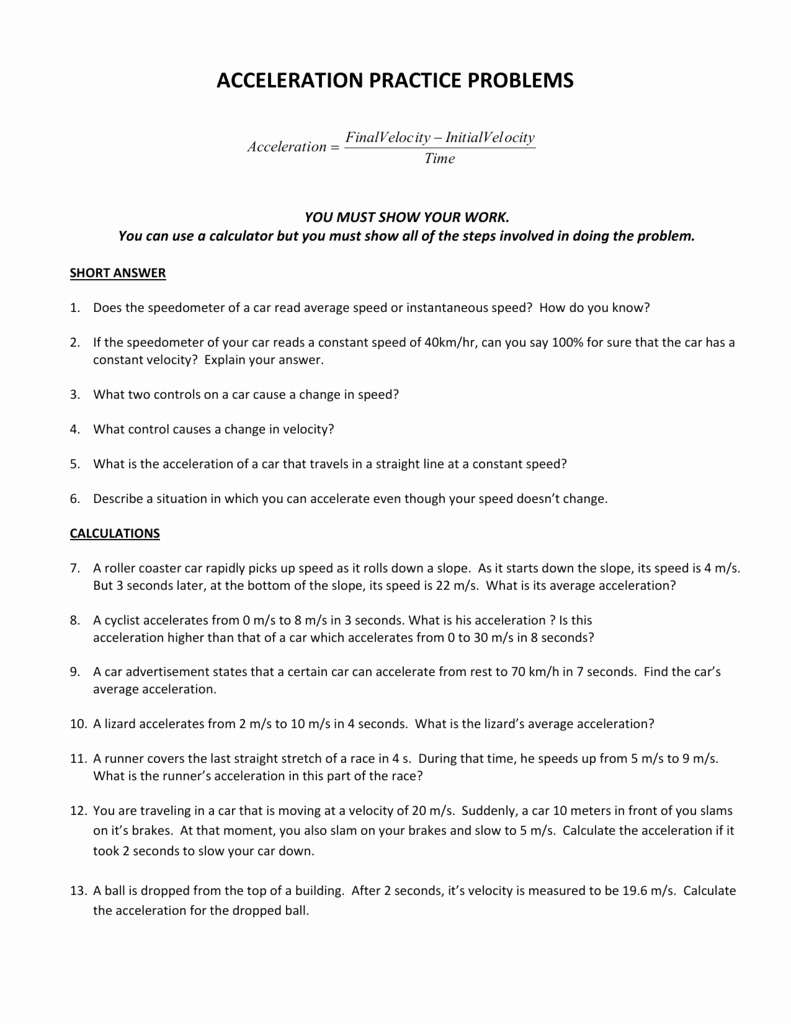 Acceleration Worksheet with Answers New Acceleration Practice Problems