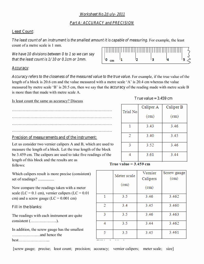 Accuracy and Precision Worksheet Answers Awesome Worksheet No 2 July 2011 Part A Accuracy and Precision