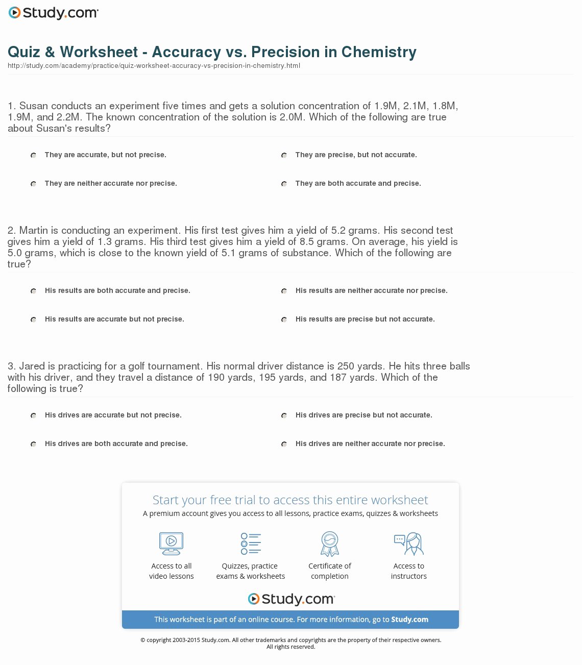 Accuracy and Precision Worksheet Answers Lovely Quiz &amp; Worksheet Accuracy Vs Precision In Chemistry