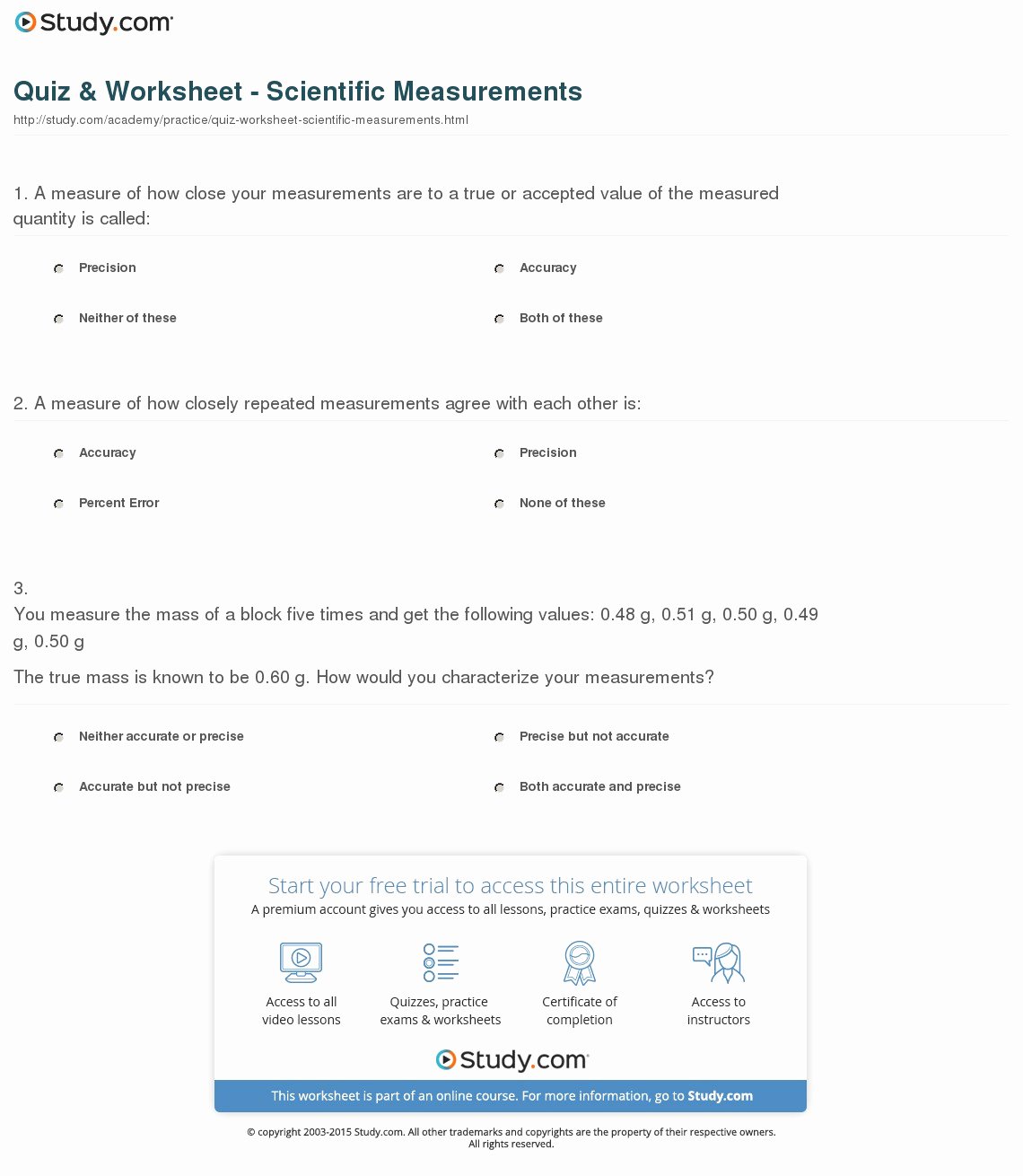 Accuracy and Precision Worksheet Answers Lovely Quiz &amp; Worksheet Scientific Measurements