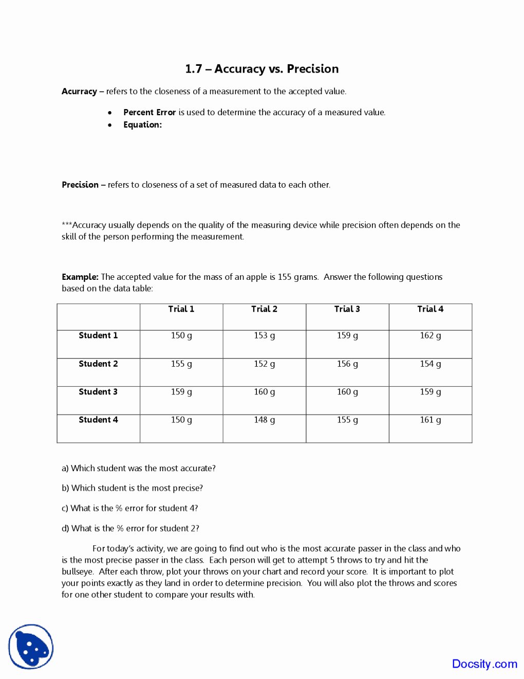 Accuracy and Precision Worksheet Luxury Accuracy and Precision Worksheet Answers