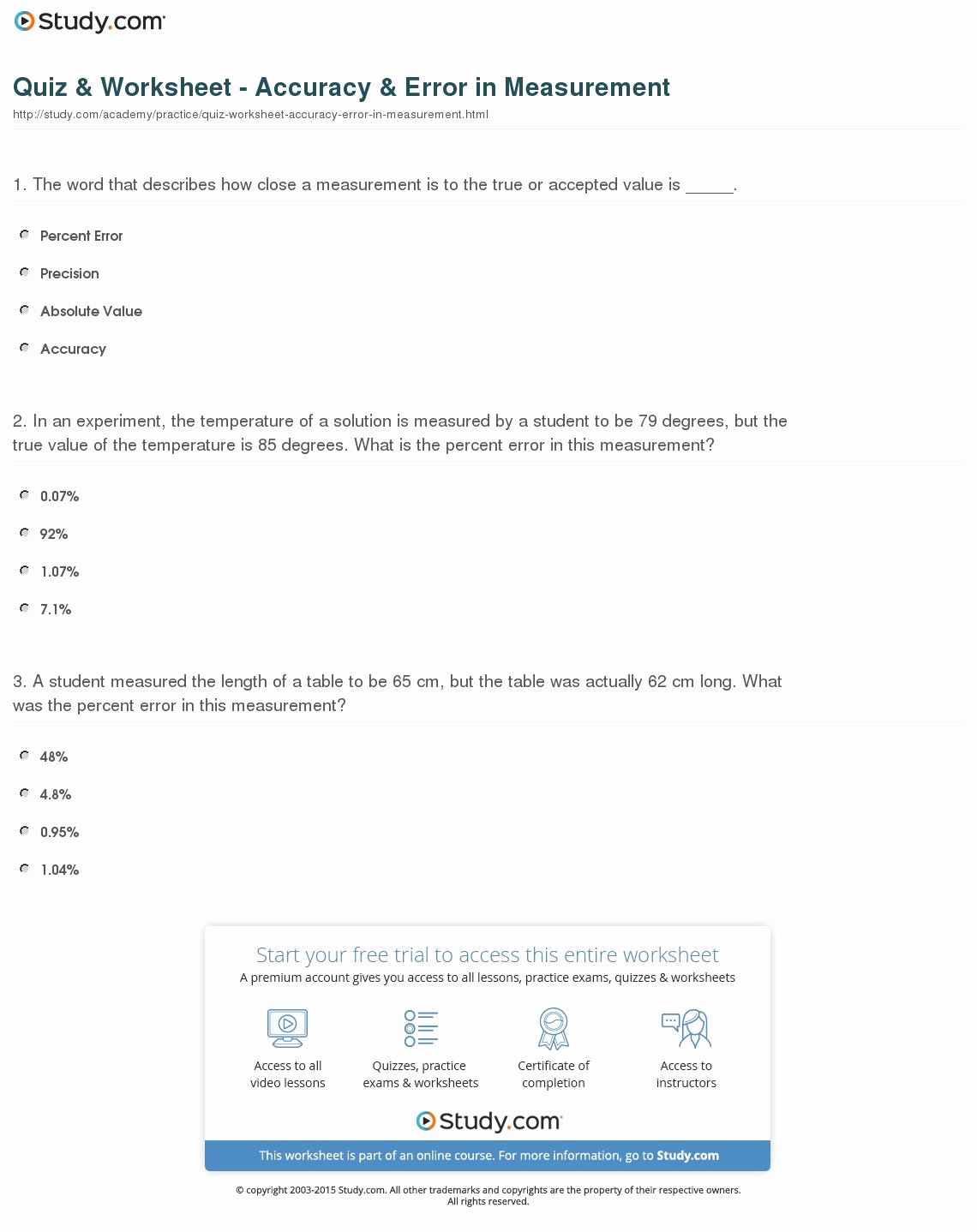 Accuracy Vs Precision Worksheet Lovely Quiz &amp; Worksheet Accuracy &amp; Error In Measurement