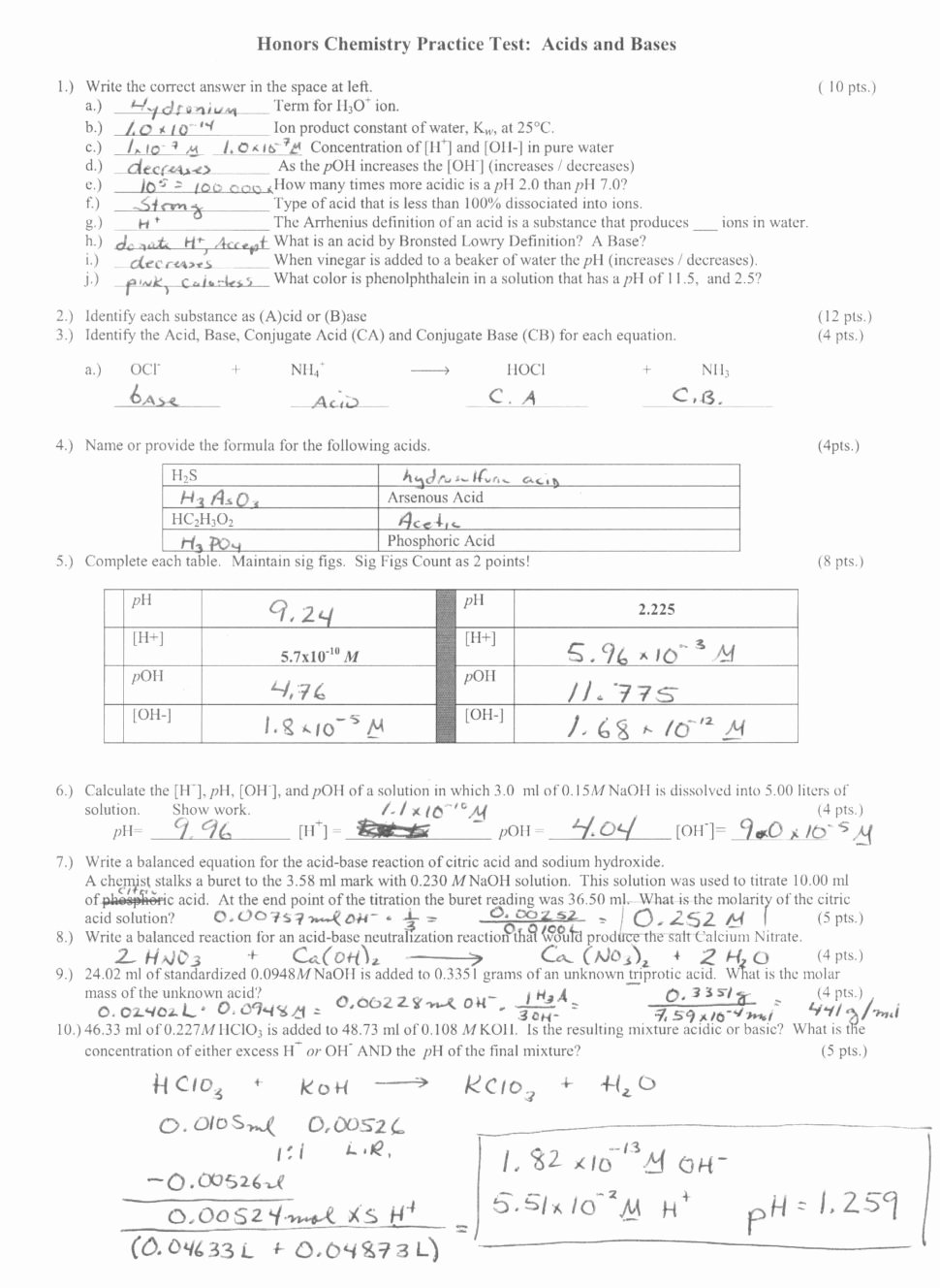 Acids And Bases Completing Sentences Worksheet Answers