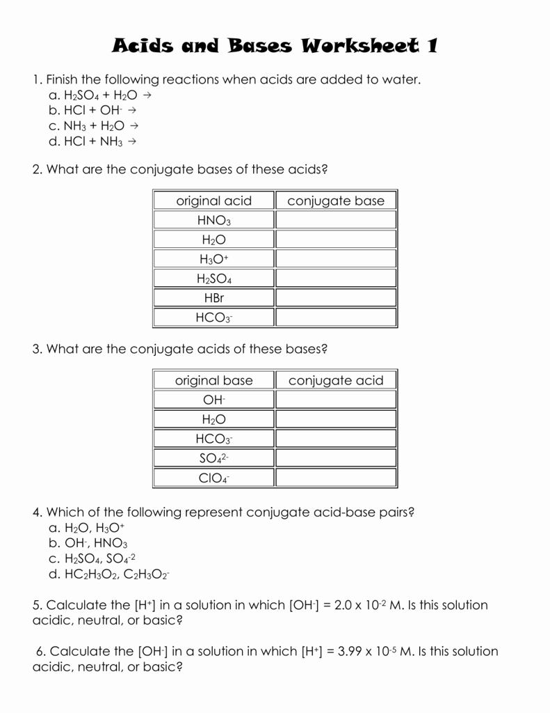Acid and Base Worksheet New Acids and Bases Worksheet 1