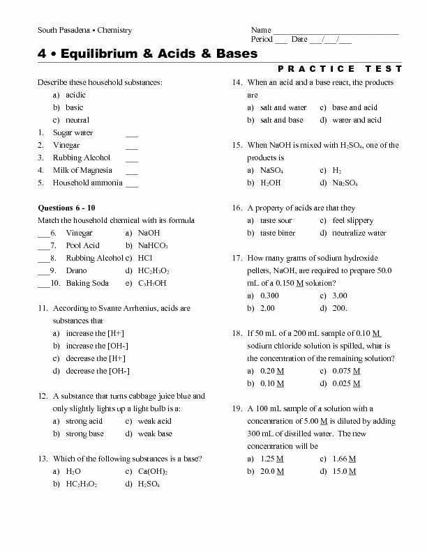 Acid and Base Worksheet New Equilibrium and Acids &amp; Bases Worksheet for 9th 12th