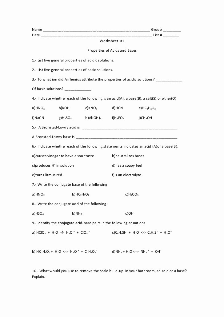 Acid and Base Worksheet New Wks 1 Properties Of Acids and Bases