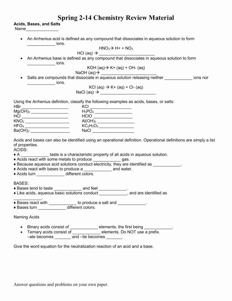 Acid and Bases Worksheet Answers New Worksheet Acids Bases and Salts Review