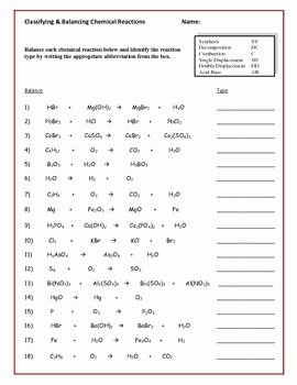 Acid Base Reaction Worksheet New Classifying and Balancing Chemical Reactions Worksheet by