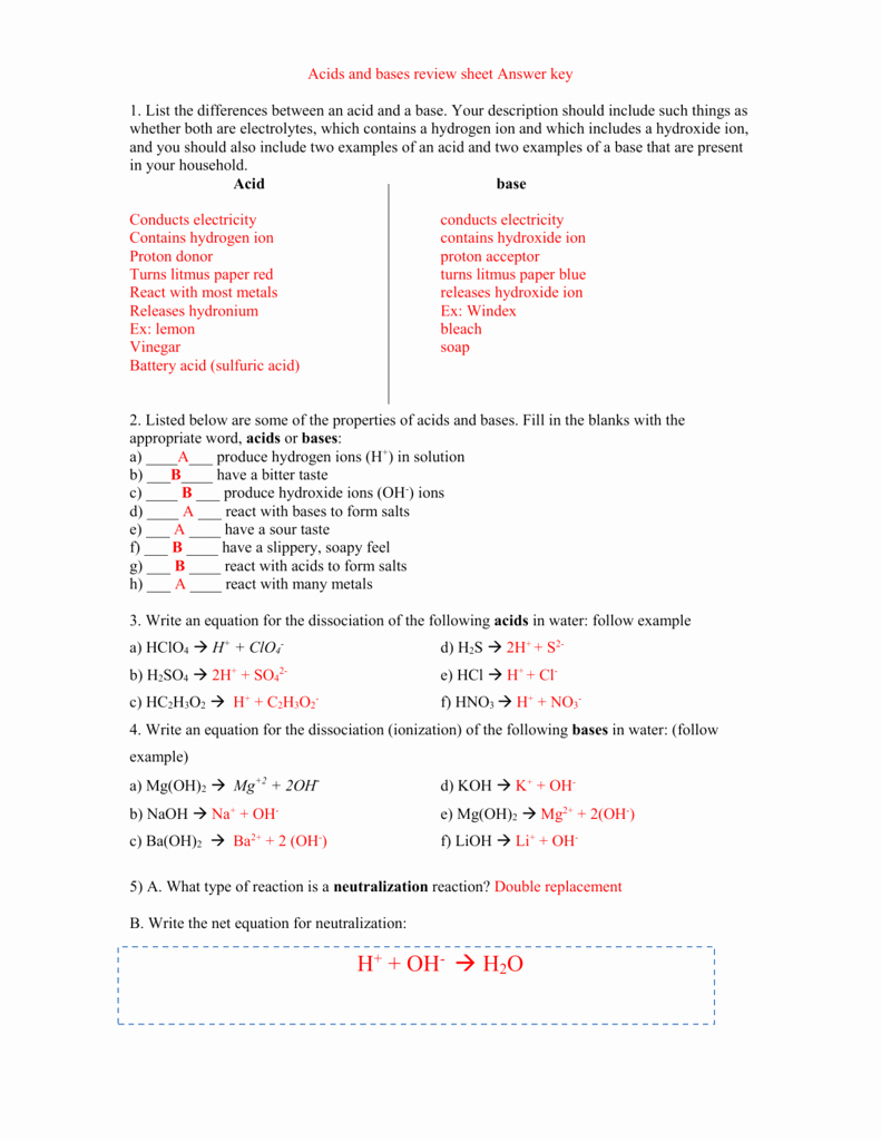 Acid Base Reactions Worksheet Awesome Acids and Bases Review Sheet Answer Key