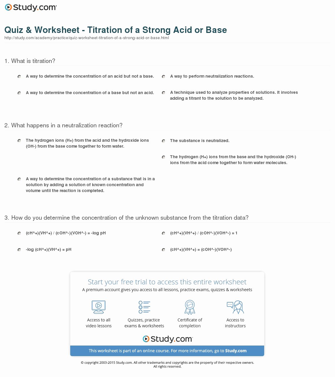 Acid Base Reactions Worksheet Awesome Quiz &amp; Worksheet Titration Of A Strong Acid or Base