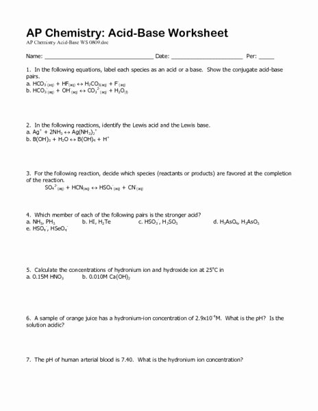 Acid Base Reactions Worksheet Beautiful Ap Chemistry Acid Base Worksheet Worksheet for 10th