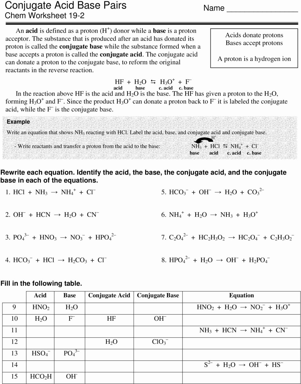 Acid Base Reactions Worksheet Elegant Printables Of Conjugate Acid Base Pairs Chem Worksheet 19