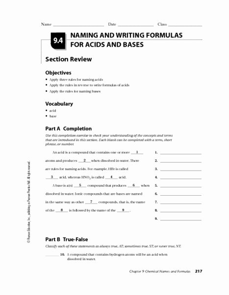 Acid Base Reactions Worksheet Fresh Naming and Writing formulas for Acids and Bases Worksheet