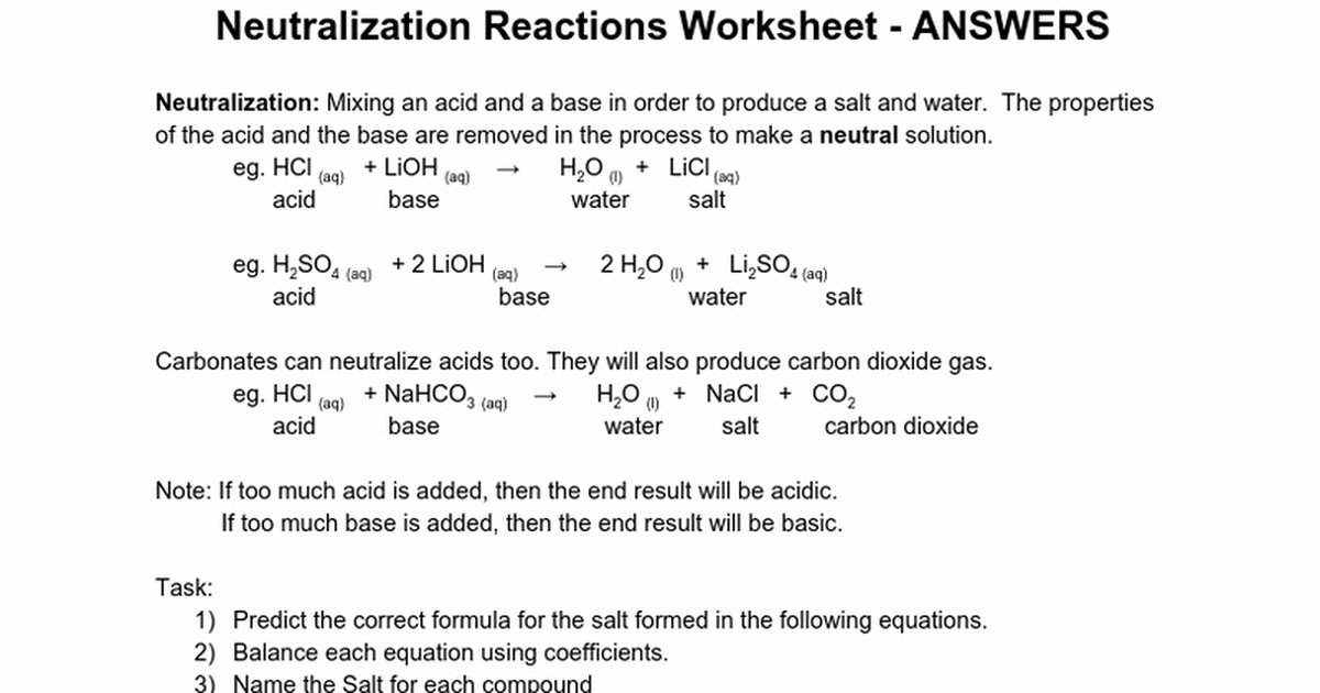 Acid Base Reactions Worksheet Luxury Acids Bases and Salts Worksheet