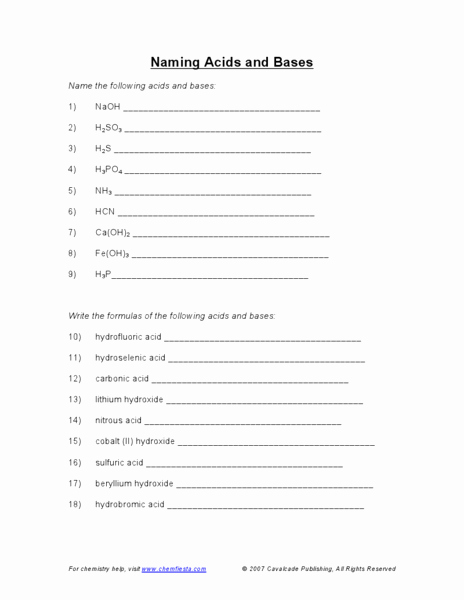 Acids and Bases Worksheet Answers Inspirational Naming Acids and Bases Worksheet for 9th Higher Ed