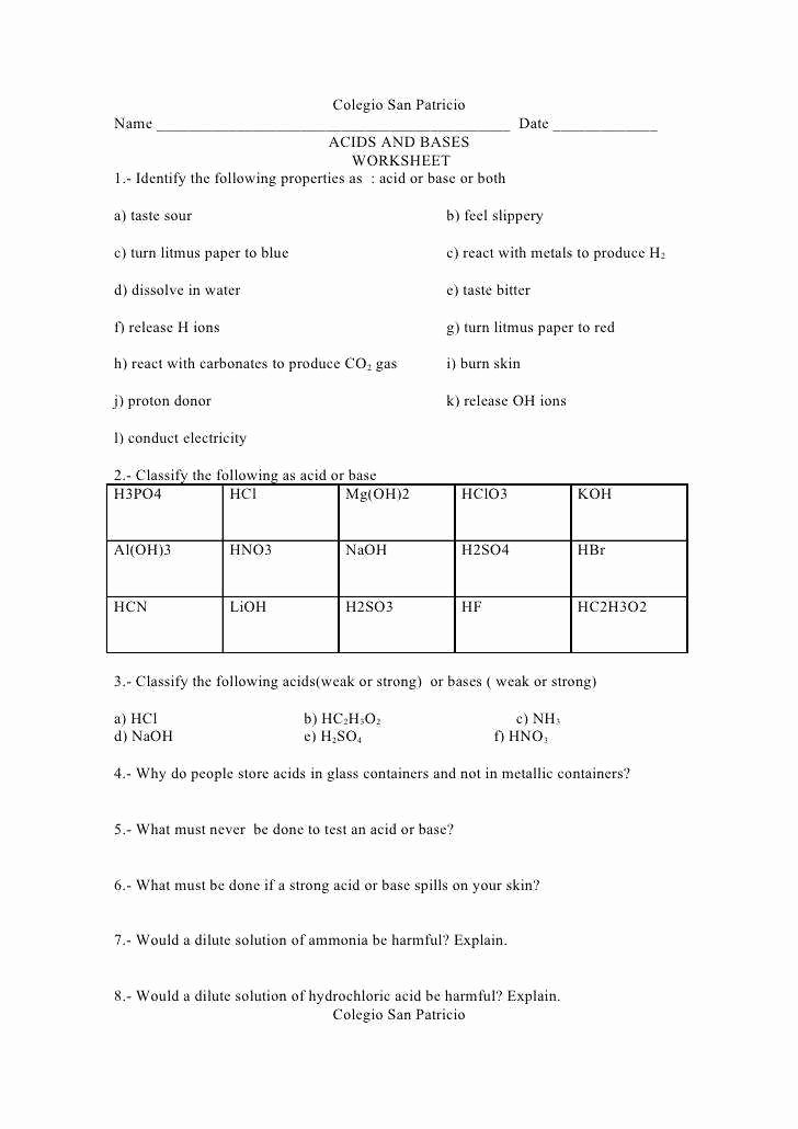 Acids and Bases Worksheet Answers Luxury Acids Bases and Salts Worksheet