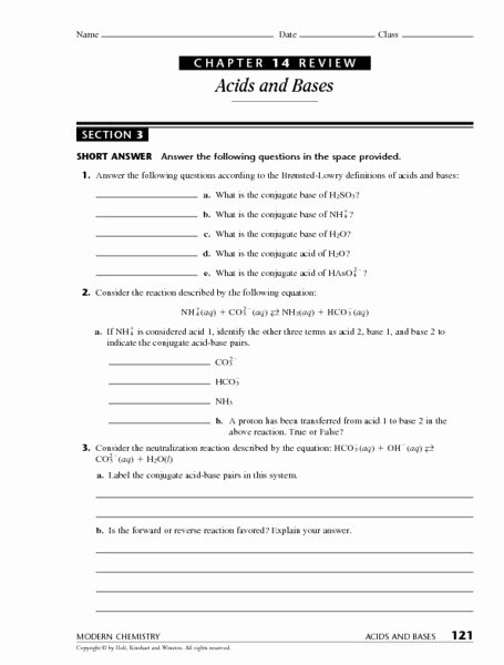 Acids and Bases Worksheet Fresh Chapter 14 Review Section 3 Acids and Bases Worksheet