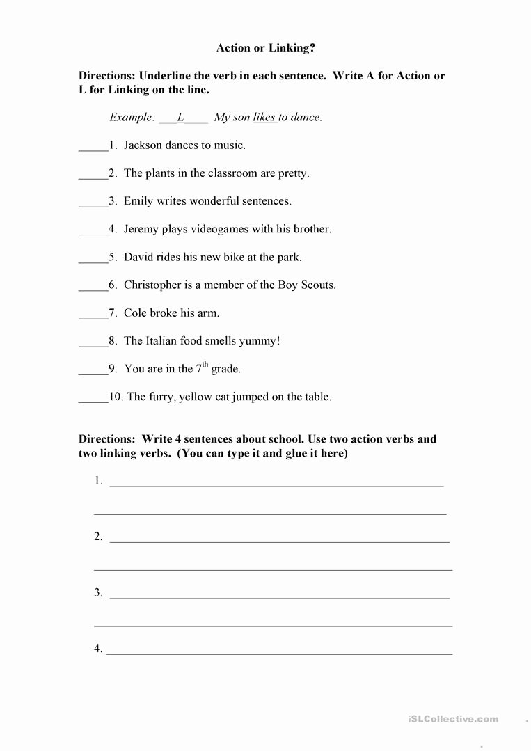 Action and Linking Verbs Worksheet Fresh Action and Linking Verbs Worksheet