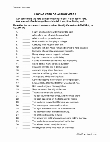 Action and Linking Verbs Worksheet Fresh Worksheet Linking Verb or Action Verb Upper Elem by