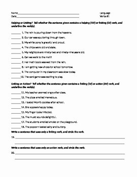 Action and Linking Verbs Worksheet Inspirational Ela Verbs Helping Linking &amp; Action Worksheet 1 W